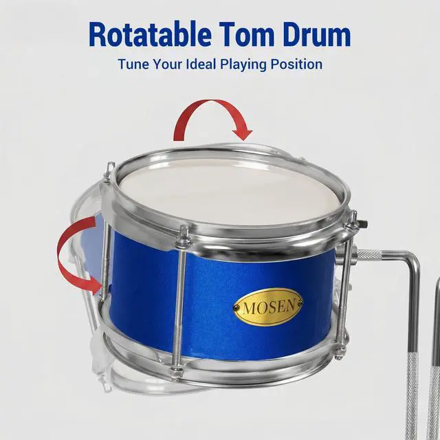 Alt view image 4 of 7 - MOSEN 3 drums & 1 cymbal 14" Youth Drum Kit with Throne, Cymbal & Sticks | Blue Bass & Tom & Snare, Adjustable Stool, Pedal Sturdy Hardware, for Starters,Music Class, Home Practice, Gift, Blue