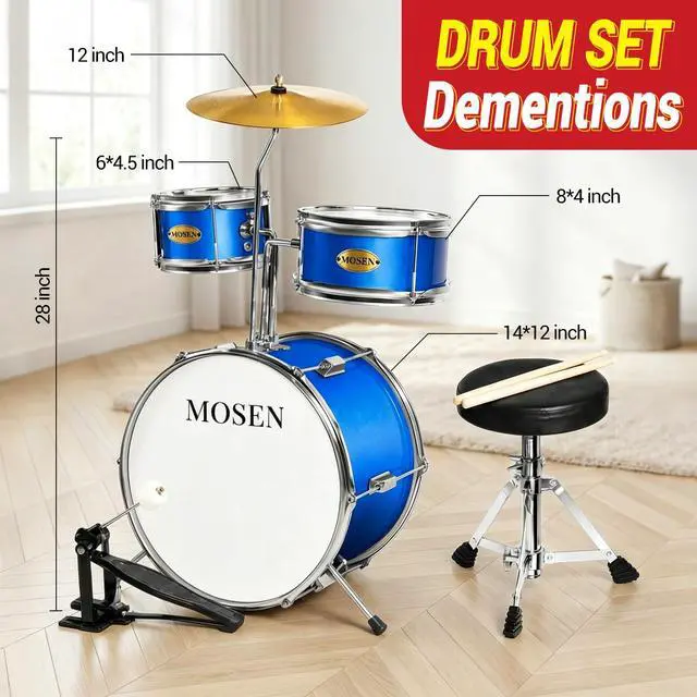 Alt view image 5 of 7 - MOSEN 3 drums & 1 cymbal 14" Youth Drum Kit with Throne, Cymbal & Sticks | Blue Bass & Tom & Snare, Adjustable Stool, Pedal Sturdy Hardware, for Starters,Music Class, Home Practice, Gift, Blue