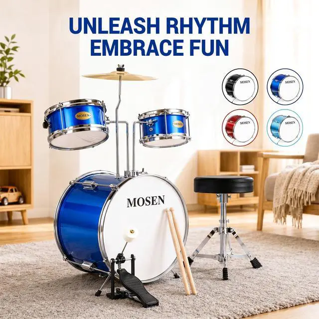 Alt view image 7 of 7 - MOSEN 3 drums & 1 cymbal 14" Youth Drum Kit with Throne, Cymbal & Sticks | Blue Bass & Tom & Snare, Adjustable Stool, Pedal Sturdy Hardware, for Starters,Music Class, Home Practice, Gift, Blue