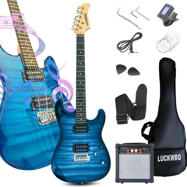 Main image of 39" Full Size ST Style Electric Guitar Starter Kit with HH Pickup, 20W Portable Amp, Tuner, Gig Bag, Strap & Accessories(Blue Flame)