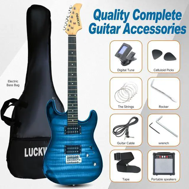 Alt view image 2 of 6 - 39" Full Size ST Style Electric Guitar Starter Kit with HH Pickup, 20W Portable Amp, Tuner, Gig Bag, Strap & Accessories(Blue Flame)