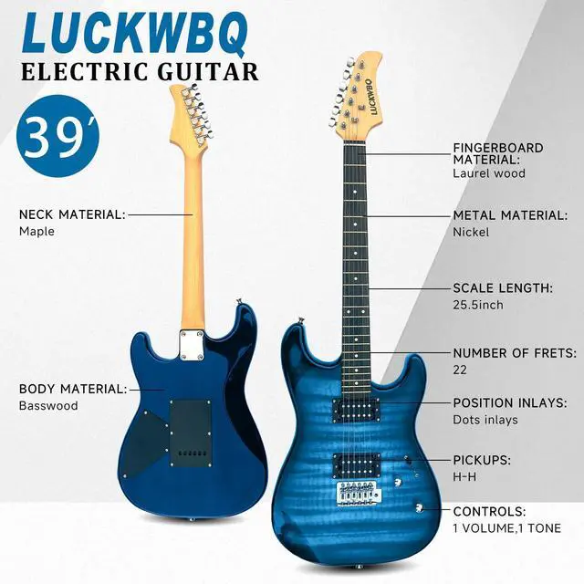 Alt view image 3 of 6 - 39" Full Size ST Style Electric Guitar Starter Kit with HH Pickup, 20W Portable Amp, Tuner, Gig Bag, Strap & Accessories(Blue Flame)