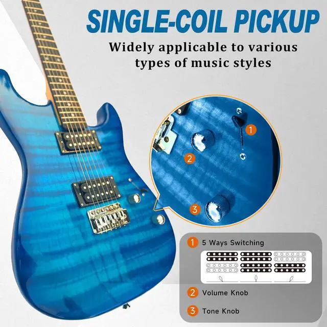Alt view image 4 of 6 - 39" Full Size ST Style Electric Guitar Starter Kit with HH Pickup, 20W Portable Amp, Tuner, Gig Bag, Strap & Accessories(Blue Flame)