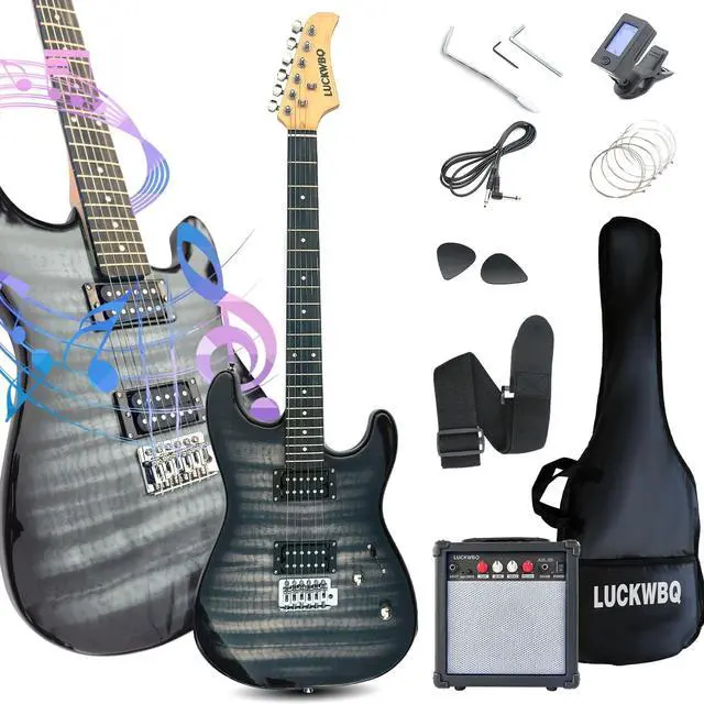 Main image of 39" Full Size ST Style Electric Guitar Starter Kit with HH Pickup, 20W Portable Amp, Tuner, Gig Bag, Strap & Accessories (Black Flame)