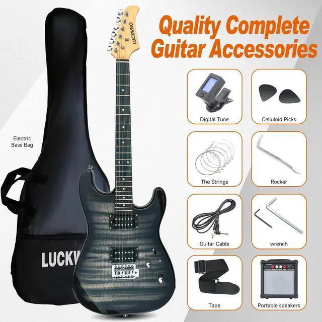Alt view image 2 of 6 - 39" Full Size ST Style Electric Guitar Starter Kit with HH Pickup, 20W Portable Amp, Tuner, Gig Bag, Strap & Accessories (Black Flame)