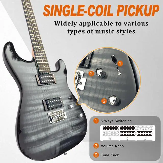 Alt view image 4 of 6 - 39" Full Size ST Style Electric Guitar Starter Kit with HH Pickup, 20W Portable Amp, Tuner, Gig Bag, Strap & Accessories (Black Flame)