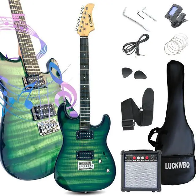 Main image of 39" Full Size ST Style Electric Guitar Starter Kit with HH Pickup, 20W Portable Amp, Tuner, Gig Bag, Strap & Accessories(Green Flame)