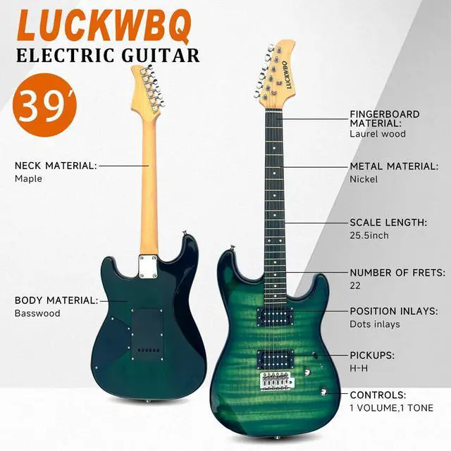 Alt view image 2 of 6 - 39" Full Size ST Style Electric Guitar Starter Kit with HH Pickup, 20W Portable Amp, Tuner, Gig Bag, Strap & Accessories(Green Flame)