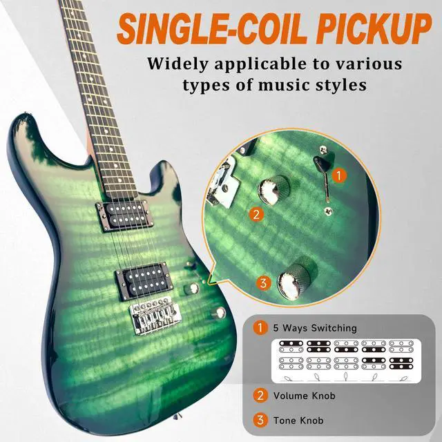 Alt view image 3 of 6 - 39" Full Size ST Style Electric Guitar Starter Kit with HH Pickup, 20W Portable Amp, Tuner, Gig Bag, Strap & Accessories(Green Flame)