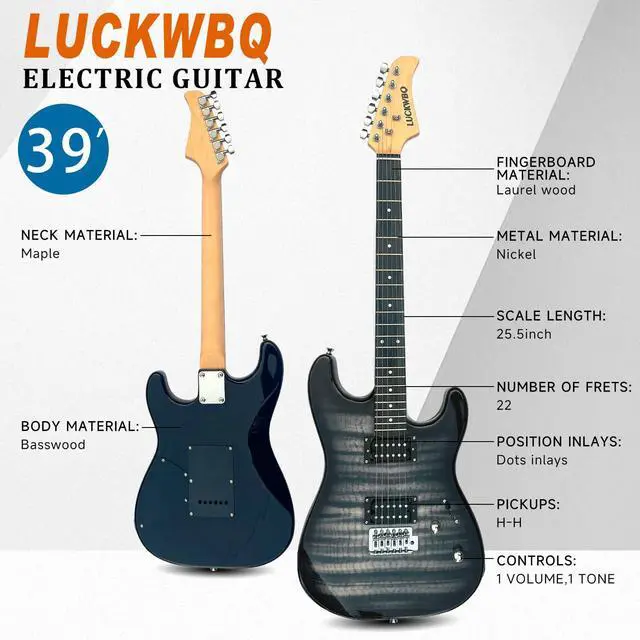 Alt view image 3 of 6 - 39" Full Size ST Style Electric Guitar Starter Kit with HH Pickup, 20W Portable Amp, Tuner, Gig Bag, Strap & Accessories (Black Flame)