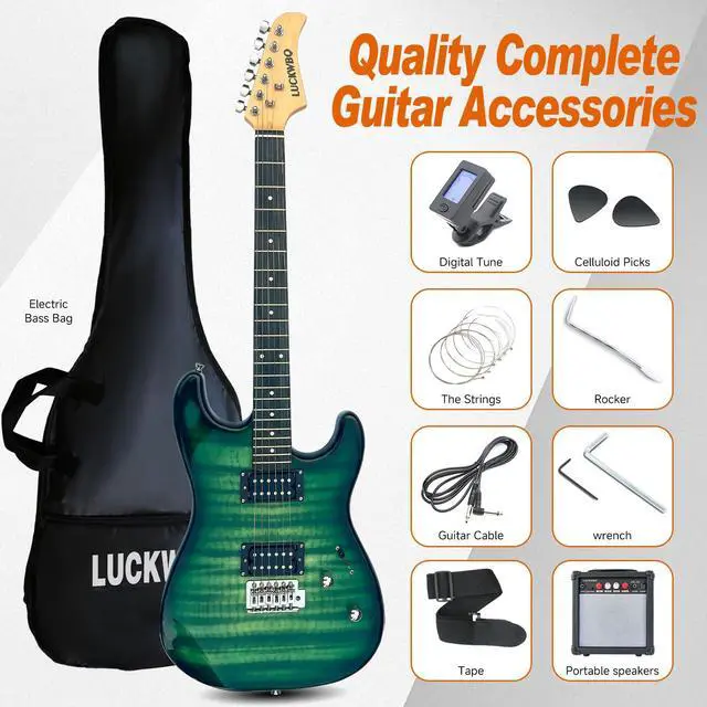 Alt view image 4 of 6 - 39" Full Size ST Style Electric Guitar Starter Kit with HH Pickup, 20W Portable Amp, Tuner, Gig Bag, Strap & Accessories(Green Flame)