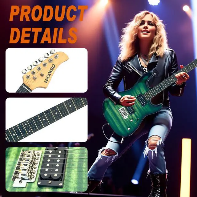 Alt view image 5 of 6 - 39" Full Size ST Style Electric Guitar Starter Kit with HH Pickup, 20W Portable Amp, Tuner, Gig Bag, Strap & Accessories(Green Flame)