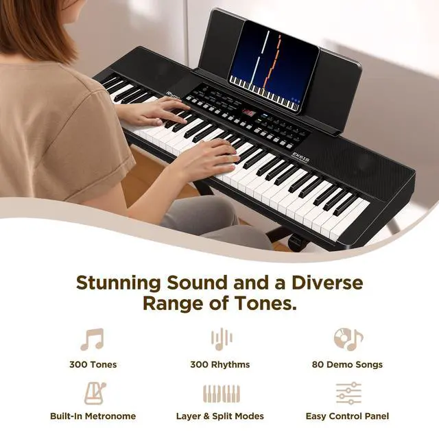 Alt view image 2 of 7 - 61 Key Keyboard Piano, Electric Piano Keyboard with Touch Response | 300 Tones, 300 Rhythms, LED Display, Music Stand, Learning Keyboard Piano for Beginners, Built-in Speakers