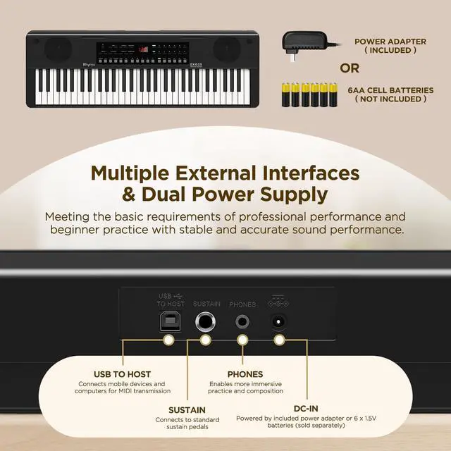Alt view image 3 of 7 - 61 Key Keyboard Piano, Electric Piano Keyboard with Touch Response | 300 Tones, 300 Rhythms, LED Display, Music Stand, Learning Keyboard Piano for Beginners, Built-in Speakers