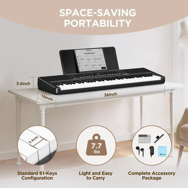Alt view image 6 of 7 - 61 Key Keyboard Piano, Electric Piano Keyboard with Touch Response | 300 Tones, 300 Rhythms, LED Display, Music Stand, Learning Keyboard Piano for Beginners, Built-in Speakers