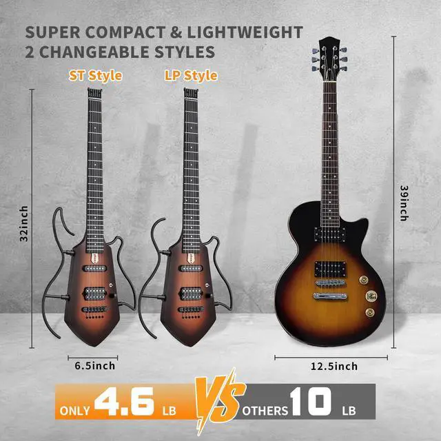 Alt view image 2 of 7 - Mini Travel Electric Guitar, Small Lightweight Headless Guitar for Practice, Portable Compact Solid Body Easy Assemble Stands with Gig Bag, Sunburst