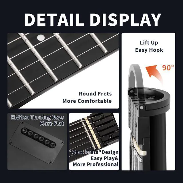 Alt view image 4 of 7 - Mini Travel Electric Guitar, Small Lightweight Headless Guitar for Practice, Portable Compact Solid Body Easy Assemble Stands with Gig Bag, Black