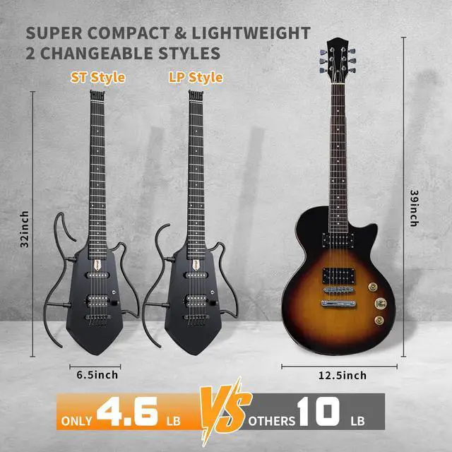 Alt view image 2 of 7 - Mini Travel Electric Guitar, Small Lightweight Headless Guitar for Practice, Portable Compact Solid Body Easy Assemble Stands with Gig Bag, Black