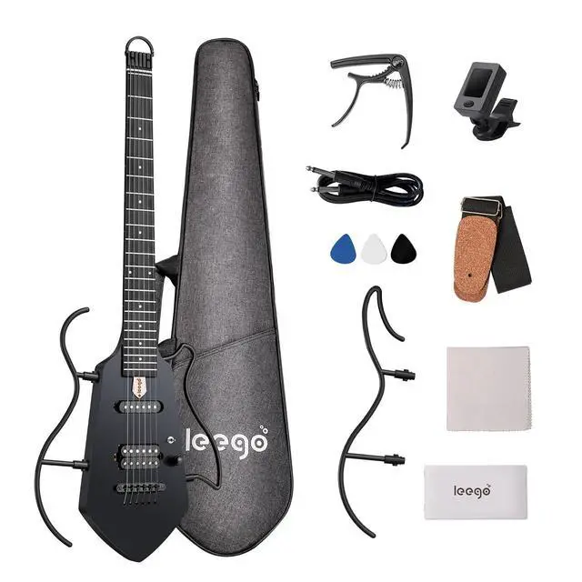 Alt view image 6 of 7 - Mini Travel Electric Guitar, Small Lightweight Headless Guitar for Practice, Portable Compact Solid Body Easy Assemble Stands with Gig Bag, Black