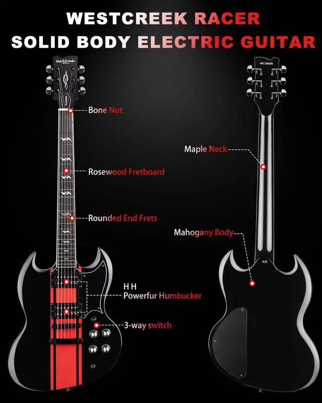 Alt view image 2 of 7 - WestCreek RACER Solid Body Electric Guitar | Rounded End Frets, Bone nut, Rosewood Fingerboard, Mahogany Body (Black-Red Stripe)