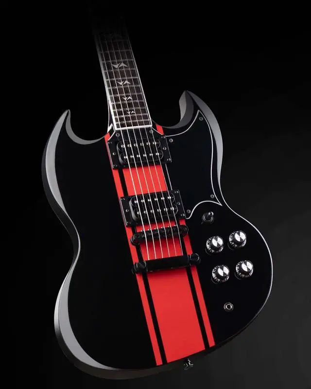 Alt view image 3 of 7 - WestCreek RACER Solid Body Electric Guitar | Rounded End Frets, Bone nut, Rosewood Fingerboard, Mahogany Body (Black-Red Stripe)