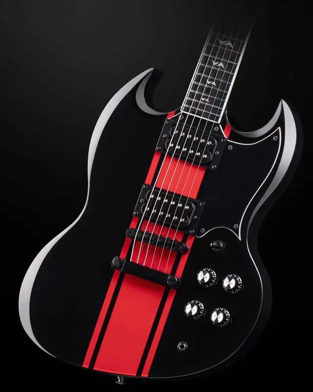 Alt view image 4 of 7 - WestCreek RACER Solid Body Electric Guitar | Rounded End Frets, Bone nut, Rosewood Fingerboard, Mahogany Body (Black-Red Stripe)
