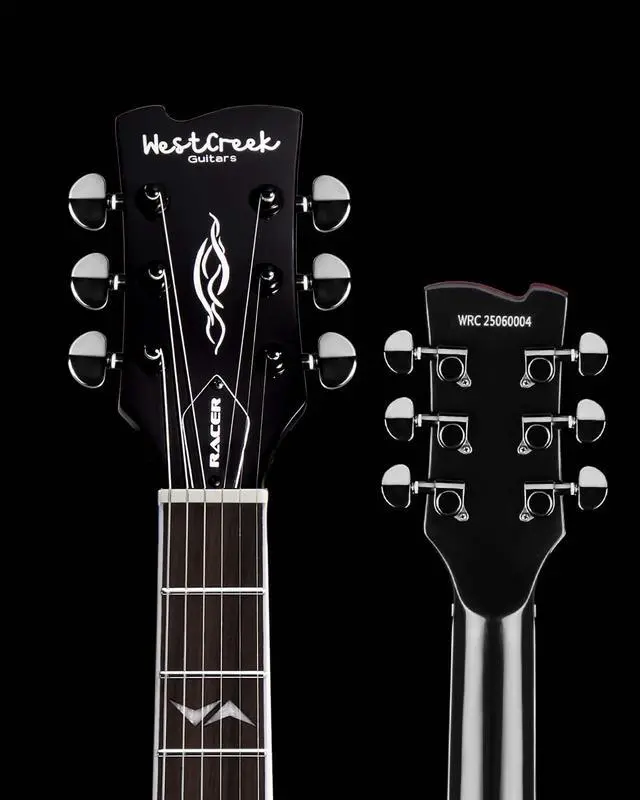 Alt view image 5 of 7 - WestCreek RACER Solid Body Electric Guitar | Rounded End Frets, Bone nut, Rosewood Fingerboard, Mahogany Body (Black-Red Stripe)