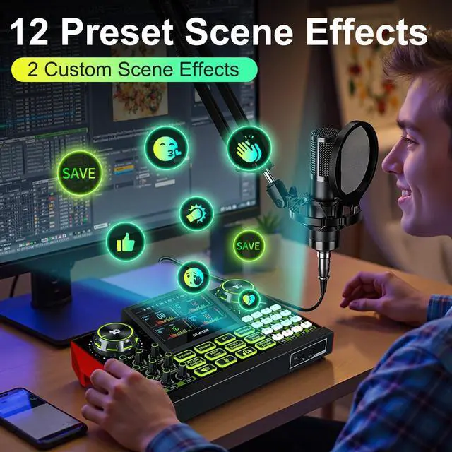 Alt view image 5 of 7 - Podcast Equipment Bundle with Audio Mixer for Live Streaming and Singing, Podcast Microphone, Live Sound Card with Voice Changer and Noise Reduction, Compatible with PC, Phone, TikTok, and YouTube