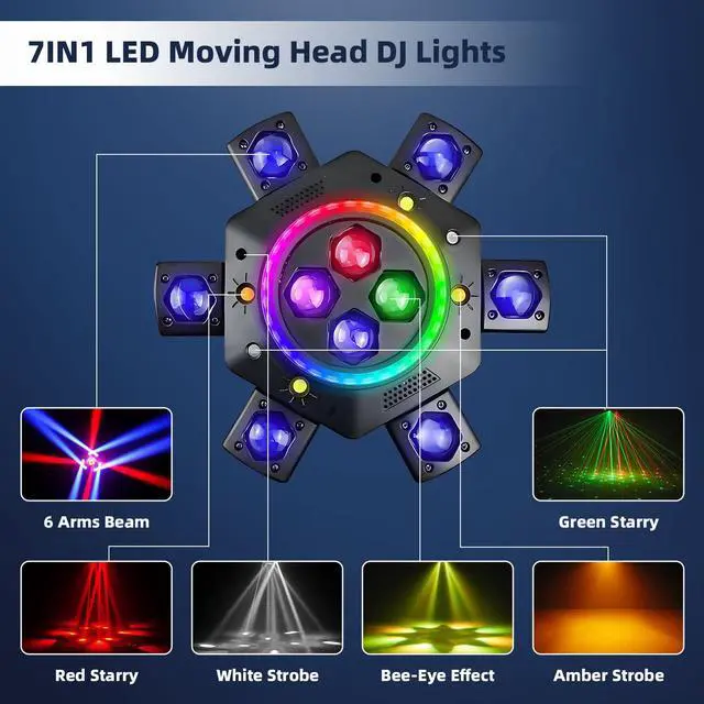 Alt view image 6 of 7 - Moving Head DJ Lights, 6 Arms Party Fixtures with Light Strip, 150W RGBW 4 in1 LED Stage Lights, DMX512 & Sound Activated Rotating Light, for Parties Disco Club Bar KTV Wedding