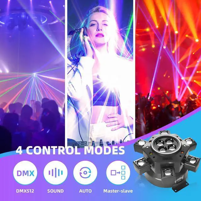 Alt view image 7 of 7 - Moving Head DJ Lights, 6 Arms Party Fixtures with Light Strip, 150W RGBW 4 in1 LED Stage Lights, DMX512 & Sound Activated Rotating Light, for Parties Disco Club Bar KTV Wedding