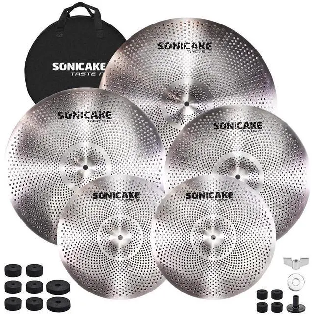 Main image of Low Volume Cymbal Pack Quiet Cymbal Set 14"Hi-hats+16"Crash+18"Crash+20"Ride 5 Pcs Mute Drum Cymbal Set with Bag and Felts for Practice, Sliver