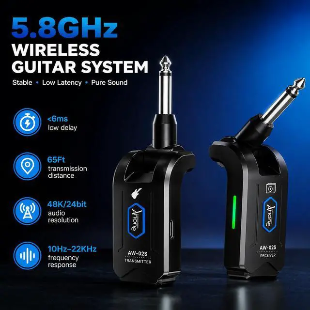 Alt view image 2 of 7 - 5.8GHz Wireless Guitar Transmitter Receiver 4 Channel Rechargeable Cordless Guitar System 65ft Long Range Superior to 2.4GHz Anti-Interference for Electric Guitar Bass (AW-02S)