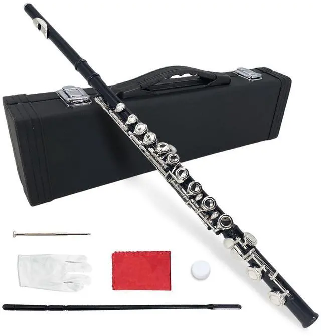 Main image of 16 Key Closed Hole C Flute for Beginners, Students, Adults Silver Plated Nickel Flute with Carrying Case, Cleaning Kit, Tuning Rod, Gloves Lightweight, Durable & Easy to Play (Black)