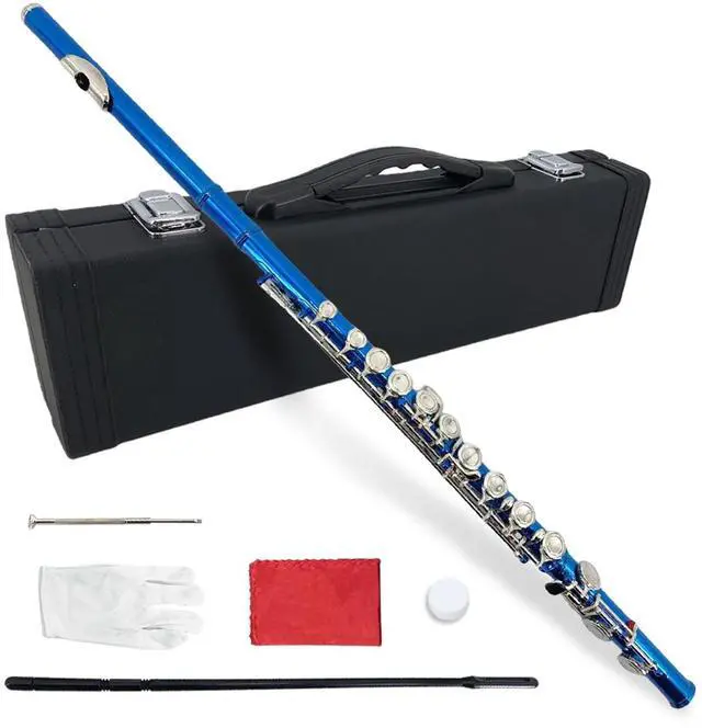 Main image of 16 Key Closed Hole C Flute for Beginners, Students, Adults Silver Plated Nickel Flute with Carrying Case, Cleaning Kit, Tuning Rod, Gloves Lightweight, Durable & Easy to Play (Blue)