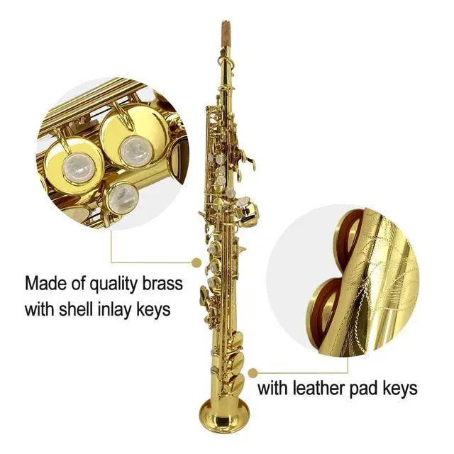 Alt view image 2 of 7 - Straight Soprano Saxophone Bb B Flat Sax with Case, Mouthpiece,Reeds & Accessories Brass Woodwind Instrument for Beginners,Adults & Advanced Players
