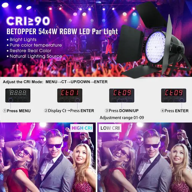 Alt view image 4 of 7 - 54 * 4W Stage Light with Barn Doors,RGBW High CRI DJ Light-1 Pack | 54 * 4W CRI>90 RGBW LEDs, Auto/Sound/DMX512/Master-Slave, LPC010N-B PAR Light For Parties,Concerts,theatrical,uplighting