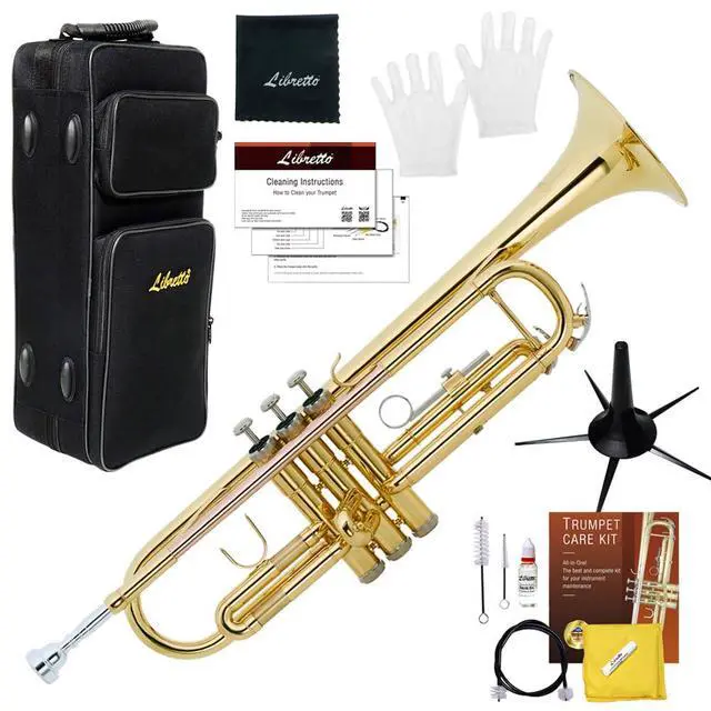 Main image of Gold Lacquer Bb Trumpet Set, Rose Brass Leadpipe | Standard for Beginner & Intermediate Students, Stainless Valve, 7C Mouthpiece, Durable Case, Portable Stand, Maintenance Kit