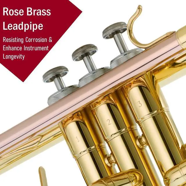 Alt view image 4 of 7 - Gold Lacquer Bb Trumpet Set, Rose Brass Leadpipe | Standard for Beginner & Intermediate Students, Stainless Valve, 7C Mouthpiece, Durable Case, Portable Stand, Maintenance Kit