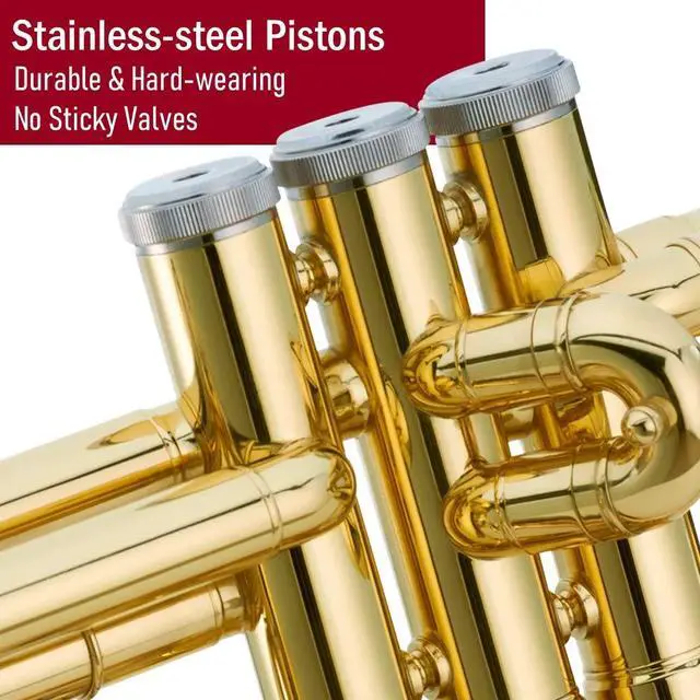 Alt view image 5 of 7 - Gold Lacquer Bb Trumpet Set, Rose Brass Leadpipe | Standard for Beginner & Intermediate Students, Stainless Valve, 7C Mouthpiece, Durable Case, Portable Stand, Maintenance Kit