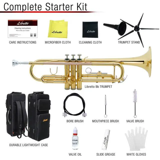 Alt view image 7 of 7 - Gold Lacquer Bb Trumpet Set, Rose Brass Leadpipe | Standard for Beginner & Intermediate Students, Stainless Valve, 7C Mouthpiece, Durable Case, Portable Stand, Maintenance Kit
