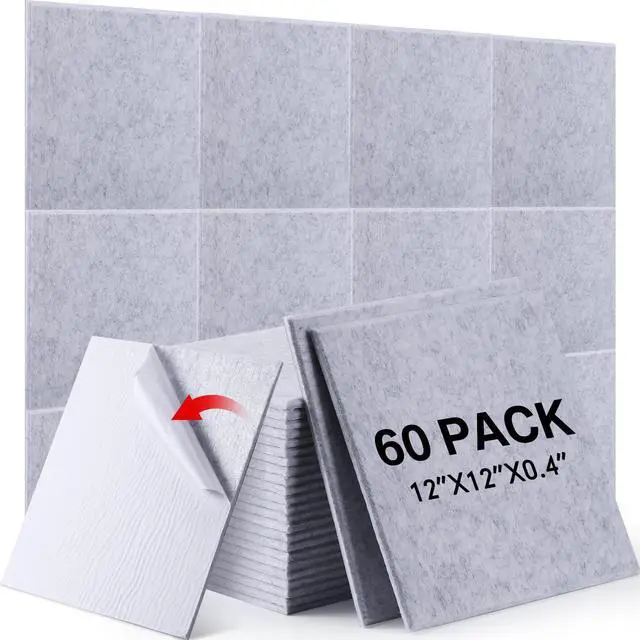 Main image of 60 PCS Acoustic Panels 12 x 12 x 0.4 Inch Square Sound Absorbing Board Self Adhesive Soundproof Wall Panels Sound Proof Polyester Tiles for Home Studio Rooms Noise Canceling Reduction (Gray)