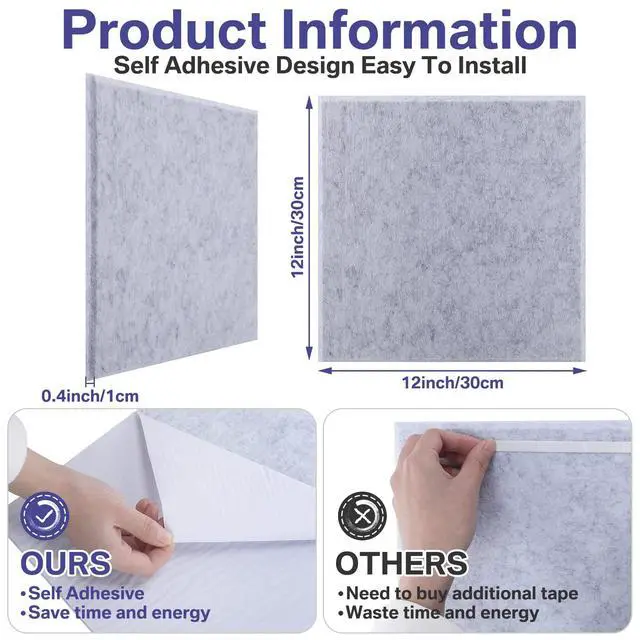 Alt view image 3 of 6 - 60 PCS Acoustic Panels 12 x 12 x 0.4 Inch Square Sound Absorbing Board Self Adhesive Soundproof Wall Panels Sound Proof Polyester Tiles for Home Studio Rooms Noise Canceling Reduction (Gray)