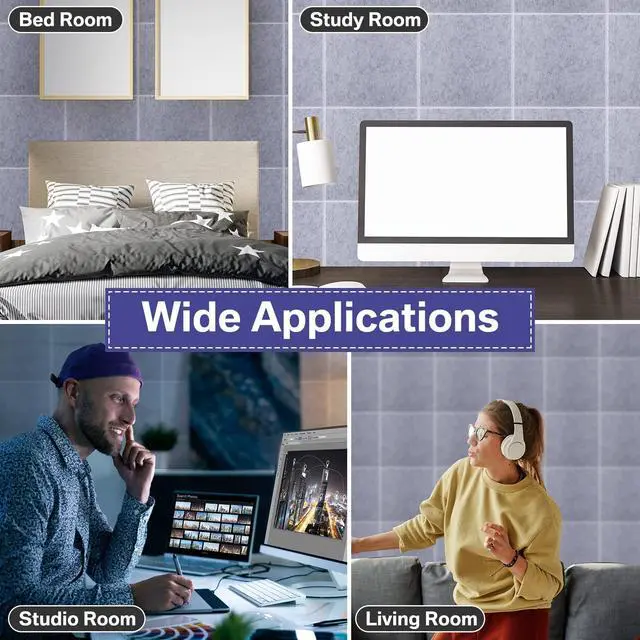 Alt view image 4 of 6 - 60 PCS Acoustic Panels 12 x 12 x 0.4 Inch Square Sound Absorbing Board Self Adhesive Soundproof Wall Panels Sound Proof Polyester Tiles for Home Studio Rooms Noise Canceling Reduction (Gray)