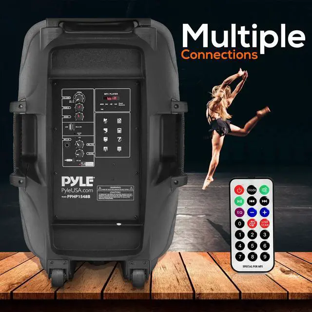Alt view image 2 of 7 - Portable Bluetooth PA Speaker System - 1000W Outdoor Speaker with 15" Subwoofer, USB/SD Reader, FM Radio, LED Lights, Wheels, Remote Control, Tripod, & Microphone Input