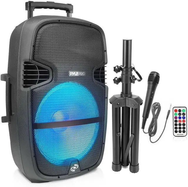 Main image of Portable Bluetooth PA Speaker System - 1000W Outdoor Speaker with 15" Subwoofer, USB/SD Reader, FM Radio, LED Lights, Wheels, Remote Control, Tripod, & Microphone Input