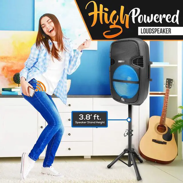 Alt view image 4 of 7 - Portable Bluetooth PA Speaker System - 1000W Outdoor Speaker with 15" Subwoofer, USB/SD Reader, FM Radio, LED Lights, Wheels, Remote Control, Tripod, & Microphone Input