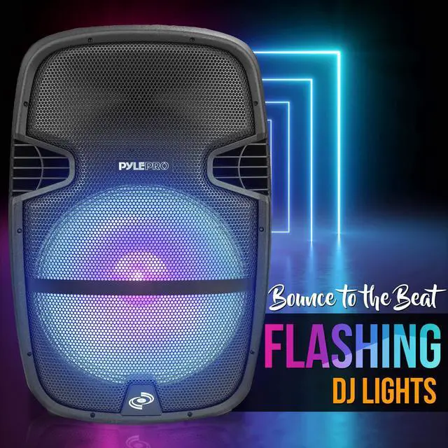 Alt view image 5 of 7 - Portable Bluetooth PA Speaker System - 1000W Outdoor Speaker with 15" Subwoofer, USB/SD Reader, FM Radio, LED Lights, Wheels, Remote Control, Tripod, & Microphone Input