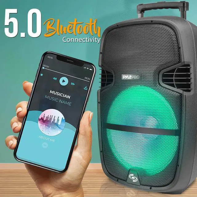 Alt view image 6 of 7 - Portable Bluetooth PA Speaker System - 1000W Outdoor Speaker with 15" Subwoofer, USB/SD Reader, FM Radio, LED Lights, Wheels, Remote Control, Tripod, & Microphone Input