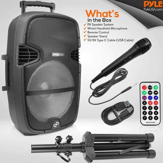 Alt view image 7 of 7 - Portable Bluetooth PA Speaker System - 1000W Outdoor Speaker with 15" Subwoofer, USB/SD Reader, FM Radio, LED Lights, Wheels, Remote Control, Tripod, & Microphone Input