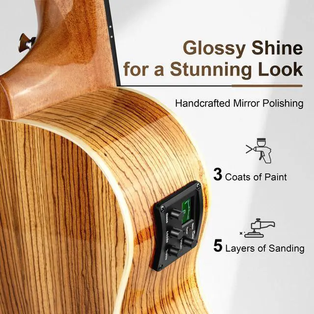 Alt view image 3 of 7 - 6 String CB103G 30 In Glossy Zebra Wood Acoustic Electric Ukulele | Guitalele with Truss Rod with Padded Gig Bag, Strap